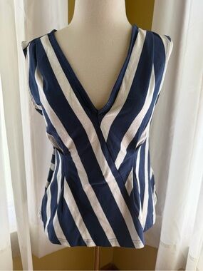Striped Navy and White Sleeveless Wrap-Front Top